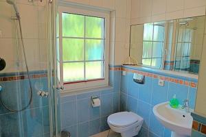 a bathroom with a toilet and a sink and a shower at Sonnenpalais in Zingst