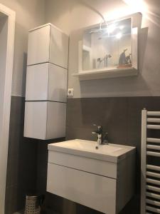 a bathroom with a white sink and a mirror at Fewo 4 Friedenstraße in Zingst