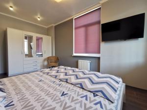 a bedroom with a large bed and a flat screen tv at Green Apartments in Chernihiv