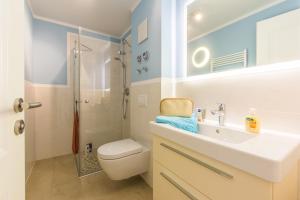 a bathroom with a sink and a toilet and a shower at Whg 13 - De Fischer un sin Fru in Zingst