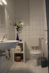 a white bathroom with a sink and a toilet at Zaunkönig in Bad Sülze