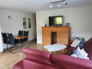 a living room with a couch and a tv and a table at FeWo Magnolie in Steina bei Pulsnitz in Steina