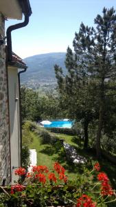 a view of a pool from a house with flowers at Casale degli ulivi in Gualdo Tadino