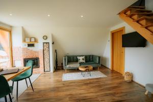 a living room with a green couch and a fireplace at Livada 45 in Borsa
