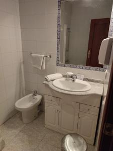 a bathroom with a sink and a toilet and a mirror at Hotel Cervantes in Badajoz