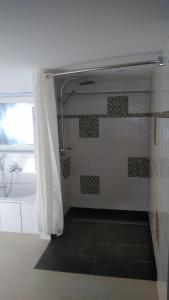 y baño con ducha y cortina de ducha. en FeWo-Neustadt-Pfitz en Neustadt in Holstein