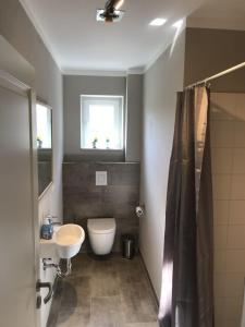 a bathroom with a toilet and a sink and a window at Ferienhaus Mau in Meeschendorf