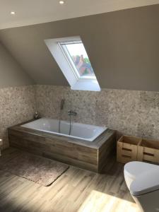 a bathroom with a large bath tub with a skylight at Ferienhaus Mau in Meeschendorf