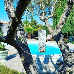 - une piscine avec un arbre et une balançoire dans l'établissement Cocon Provençal - T1 25m2 - SdB - Terrasse privée & Accès Piscine à Saint Chamas, à Saint-Chamas