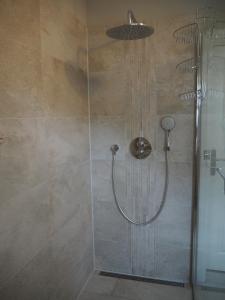 eine Dusche mit Duschkopf im Bad in der Unterkunft Kranichinsel in Klein Kirr