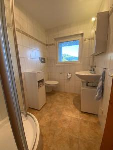 uma casa de banho com um WC, um lavatório e uma janela em Ferienwohnung Traumblick em Schönau im Schwarzwald