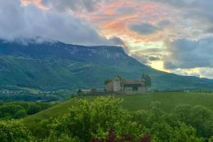an old house on a green field with a mountain at Au calme avec vue magnifique à Saint Maximin in Saint-Maximin