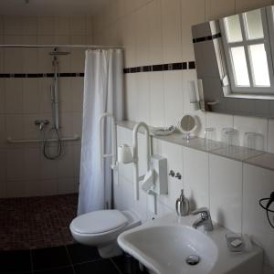 a bathroom with a toilet and a sink and a shower at Häuschen "Tante Waltraut" in Garz-Usedom