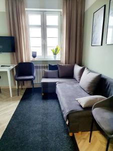 a living room with a couch and a window at Apartamenty Loft Rooms - centrum, bezpłatny parking in Ełk