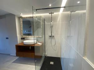 a bathroom with a shower and a sink and a mirror at Ocean view, Luxury & Relax Dunas de Artola in Marbella