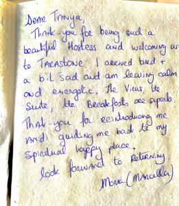 a letter handwritten in blue ink on a piece of paper at Luxurious, Fabulous, Fun, Contemporary Suite in Retreat Centre in Salisbury