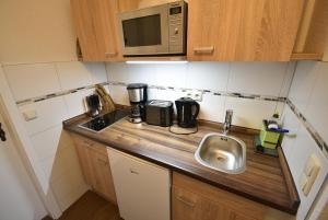 eine kleine Küche mit einer Spüle und einer Mikrowelle in der Unterkunft Am Schloss 19 in Schwerin