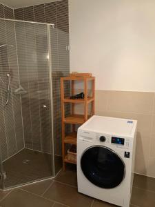 a washing machine in a bathroom with a shower at Golfsuite Axel in Uttlau-Haarbach in Haarbach