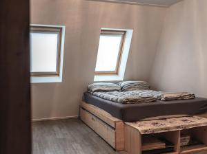 un letto in una camera con due finestre di Apartment Aly a Bovec
