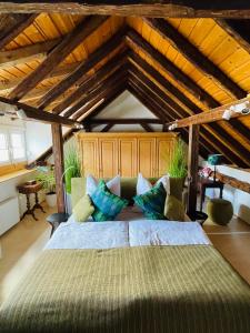 ein Schlafzimmer mit einem großen Bett im Dachgeschoss in der Unterkunft Ferienhaus Zur Hofreite in Mainz