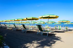 サン·ヴィンチェンツォにあるHotel Villa Marcellaのビーチの椅子とパラソルの束