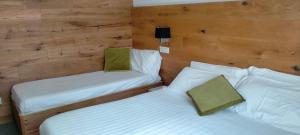 2 aparte bedden in een kamer met houten wanden bij CASA MONTE DI SOPRA jacuzzi & sauna in Fanano
