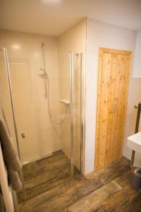 um chuveiro com uma porta de vidro na casa de banho em Ferienwohnung 1 em Hoyerswerda