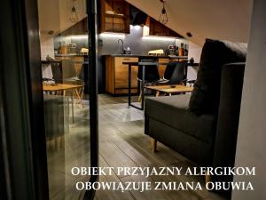 a living room with a couch and a kitchen at Widokowy Szczawnica in Szczawnica