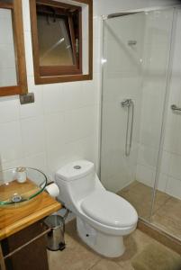 a bathroom with a toilet and a glass shower at Hotel Boutique Casona Violeta in San Carlos