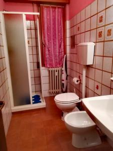 een badkamer met een toilet, een wastafel en een douche bij casa del lago Lesa in Lesa