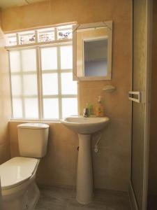 ein Bad mit einem WC, einem Waschbecken und einem Fenster in der Unterkunft Hotel Ciudad Señora Buga in Buga