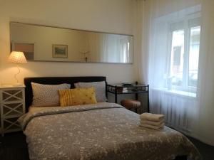 a bedroom with a bed with a large mirror on the wall at Vilnius Old Town accommodation in Vilnius