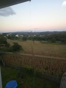 una vista de un campo con una cruz en el primer plano en La Casa de Vicenta, en Arzúa