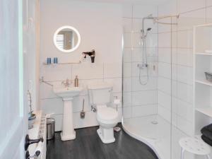 a bathroom with a toilet and a shower and a sink at Ziegenmarktidylle im zweitältesten Haus von Röbel in Röbel