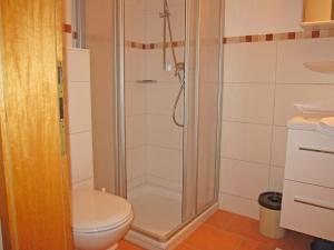 La salle de bains est pourvue d'une douche et de toilettes. dans l'établissement "Landhaus Voss" Typ 1 Nr2, à Staberdorf
