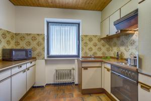 eine Küche mit einem Herd, einer Mikrowelle und einem Fenster in der Unterkunft Drei Tannen - Wohnung 04 - Apartmenthaus, Titisee, nahe Badeparadies in Titisee-Neustadt
