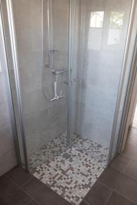 um chuveiro numa casa de banho com uma porta de vidro em Ferienwohnung Naumann em Schotten