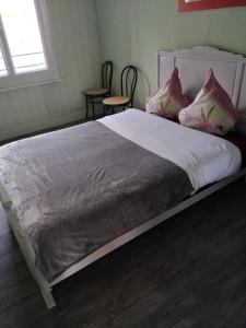1 dormitorio con 1 cama grande con almohadas rosas en appartement de letty en Fort-Mahon-Plage
