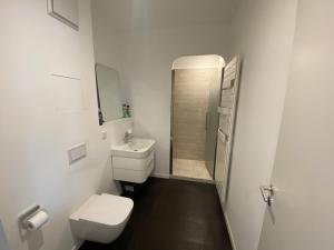 a white bathroom with a toilet and a sink at Friedrichshain Apartment in Berlin