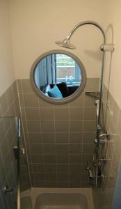 uma casa de banho com um espelho e um lavatório em PatRei mit Meerblick, auch beim Duschen em Eckernförde