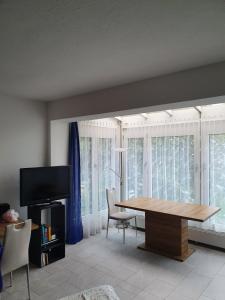 a living room with a table and a tv and some windows at Viktoria Budget Hostel in Zurich