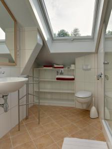 a bathroom with a sink toilet and a skylight at Panorama-Fewo Töpfer in Annweiler am Trifels