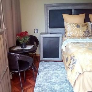 Un dormitorio con una cama y una mesa con una planta en Authentic Bicycle Tours and Backpackers en Soweto