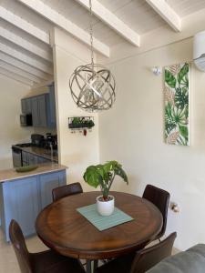 uma sala de jantar com uma mesa de madeira e um vaso de plantas em Tropix Villa em Mammee Bay