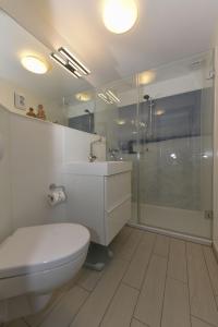 ein Bad mit einem WC und einer Glasdusche in der Unterkunft Haus Hahnenhof Whg 08 in Wrixum