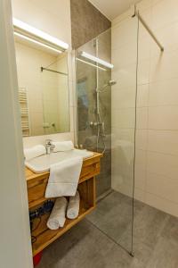y baño con lavabo y ducha acristalada. en Happy Aich 3 by Alpenidyll Apartments, en Aich
