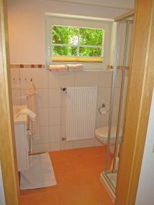 a bathroom with a toilet and a window at "Landhaus Voss" Typ 1 Nr3 in Staberdorf