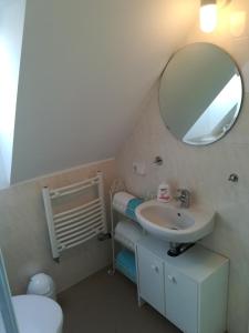 a bathroom with a sink and a mirror at Ferienwohnung Schmetterling II in Großenbrode