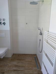 uma casa de banho com um chuveiro e um WC. em Casa Kronengarten Nr 16 em Hilden