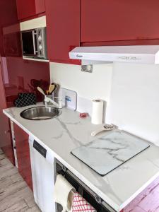 eine Küche mit einer Spüle und einer Arbeitsplatte in der Unterkunft Joli F2 Saint Endreol HAMEAU PALAYSON Var in La Motte
